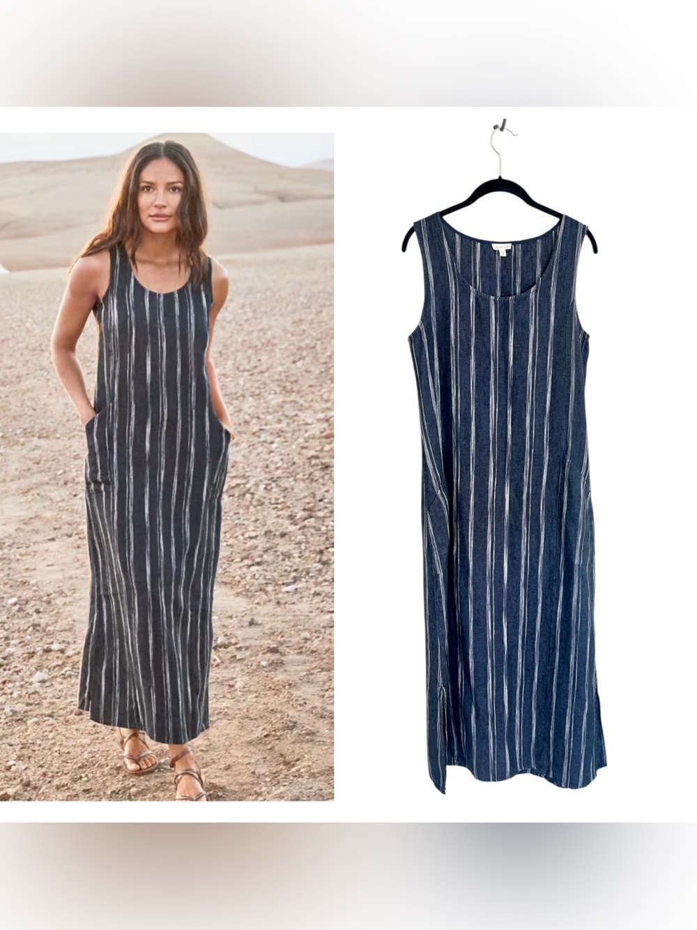 Garnet Hill Linen Tank Maxi dress sz 8 indigo blue stripe pockets lagenlook boho